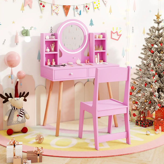 Kids Dressing Table and Chair Set – Pink | LED Lighted Mirror - Storage Drawers COSTWAY - Little and Giant Explorers Costway