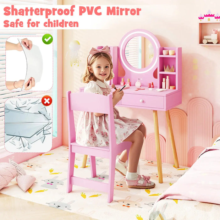 Kids Dressing Table and Chair Set – Pink | LED Lighted Mirror - Storage Drawers COSTWAY - Little and Giant Explorers Costway