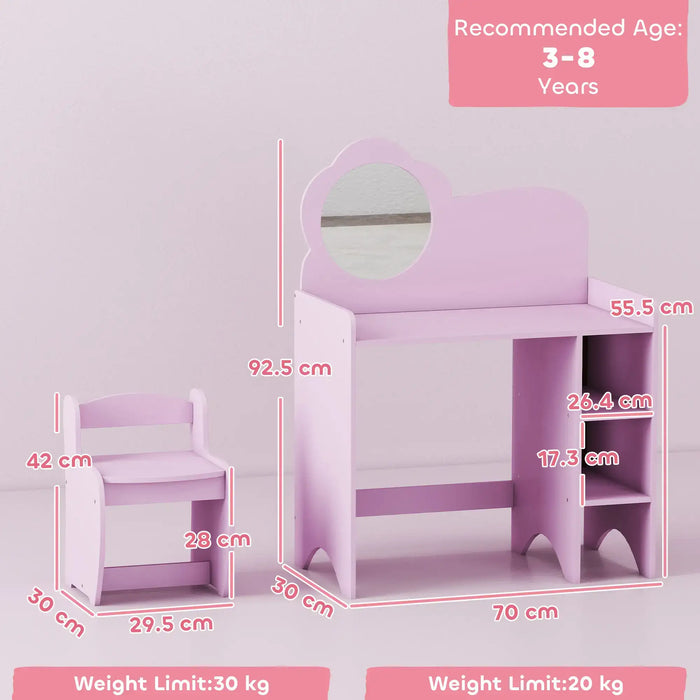 Children's pink vanity table and chair set with measurements and recommended age range on a light gray background.