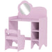 Pink children's vanity with mirror and chair on a white background
