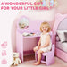 Child sitting on a pink chair in a bedroom with a mirror and teddy bear, text 'A Wonderful Gift For Your Little Girl'.