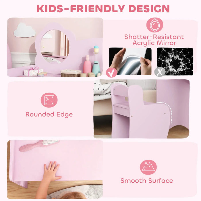 Pink children's vanity table with shatter-resistant mirror, rounded edge, and smooth surface.