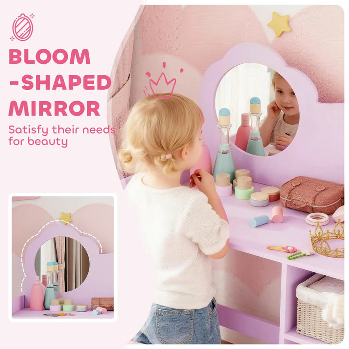 Child playing with a toy vanity set and mirror, with 'Bloom Shaped Mirror' text.