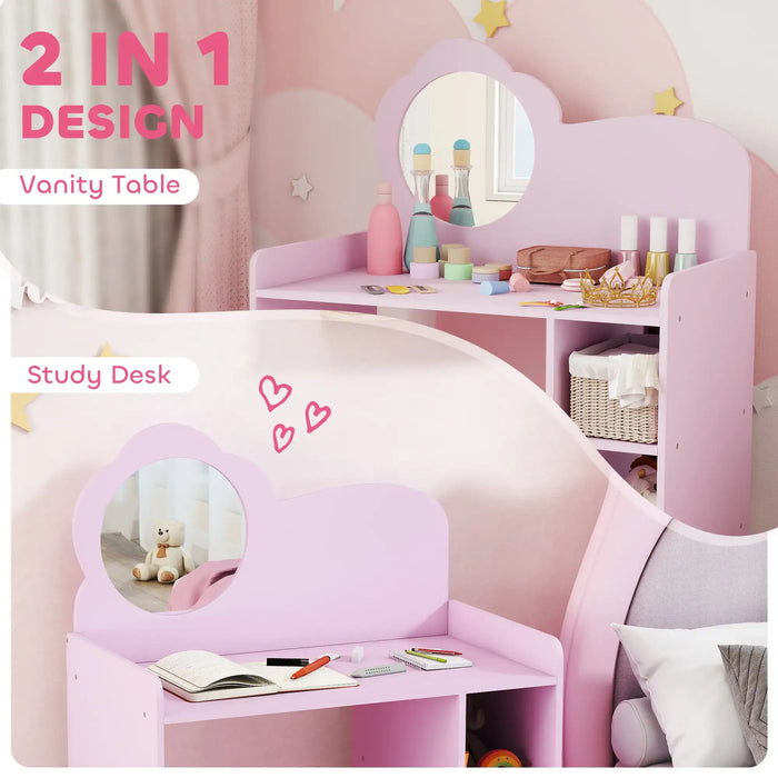Pink vanity table and study desk with heart-shaped mirrors in a child's room.