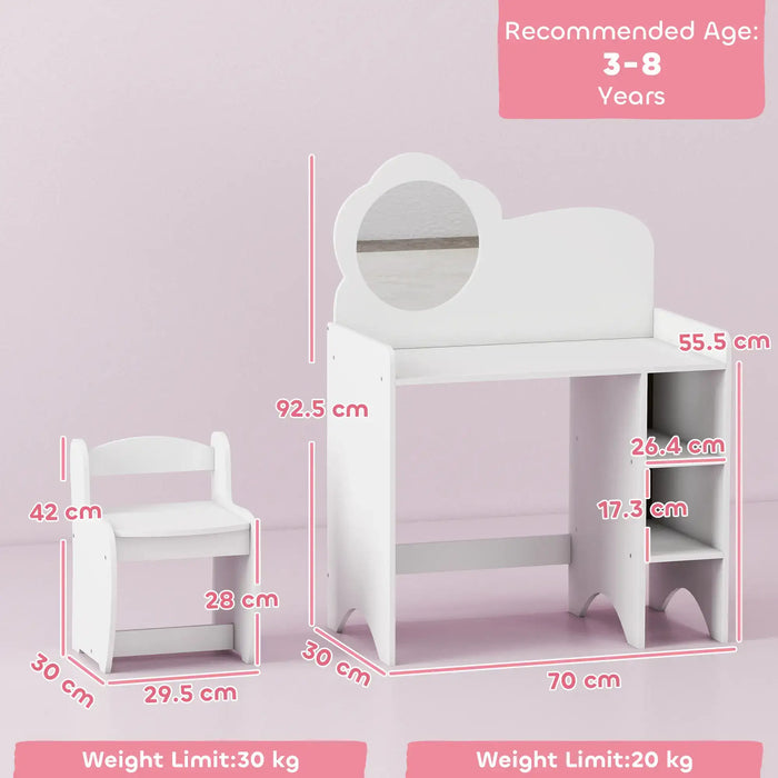 White children's desk and chair with dimensions and recommended age range on a pink background