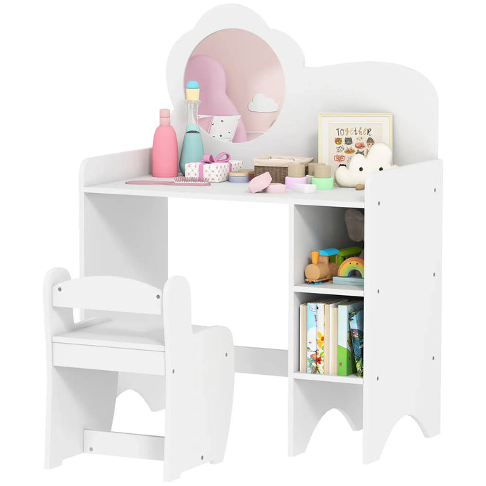 White children's desk with shelves and toys on a white background