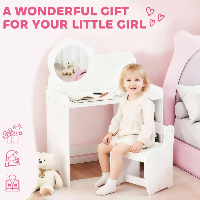 Young girl sitting on a white chair in a pink room with text 'A Wonderful Gift For Your Little Girl'.