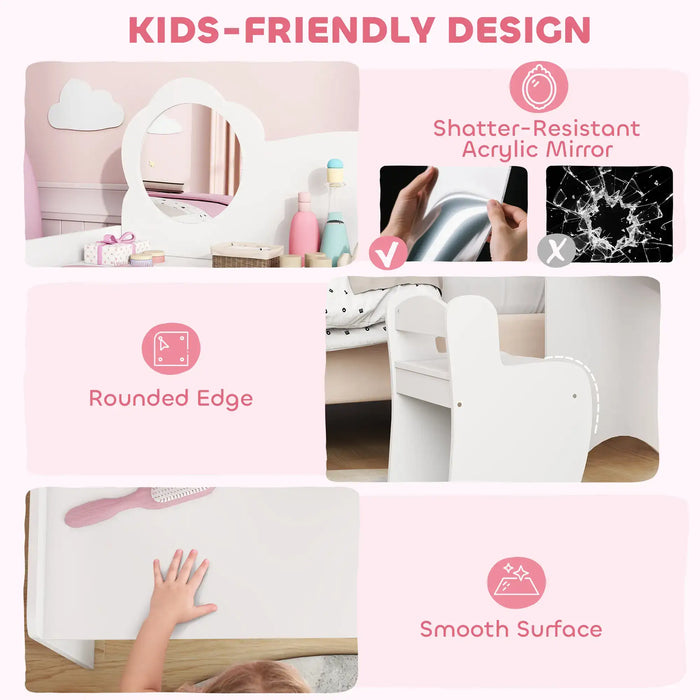 Collage of a kids' vanity table with features highlighted on a pink background