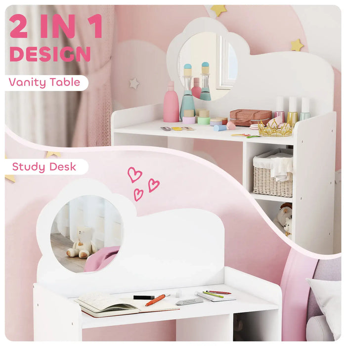 2-in-1 vanity table and study desk with pink heart design on a pink background