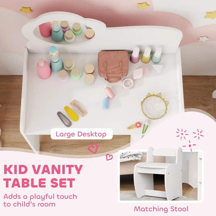 Kid vanity table set with various items on a large desktop and matching stool.