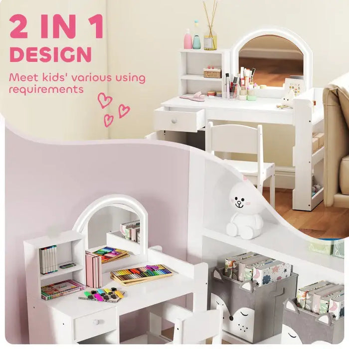 Kids Dressing Table and Chair Set – White | Dual-Colour LED Mirror and Storage AIYAPLAY - Little and Giant Explorers AIYAPLAY