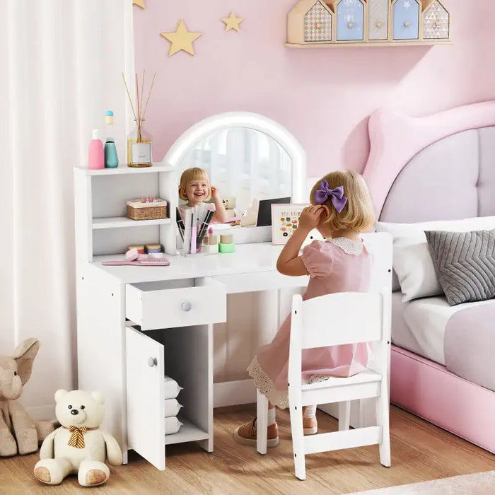 Kids Dressing Table and Chair Set – White | Dual-Colour LED Mirror and Storage AIYAPLAY - Little and Giant Explorers AIYAPLAY