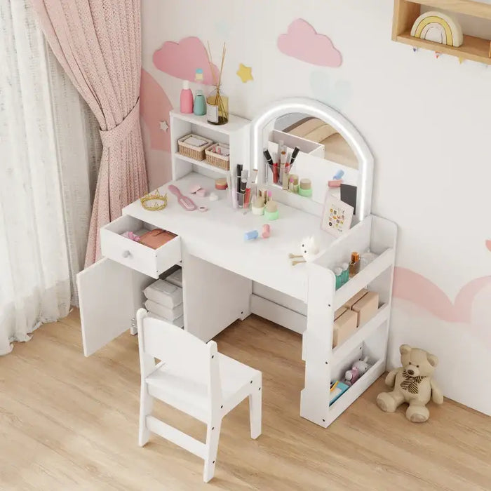 Kids Dressing Table and Chair Set – White | Dual-Colour LED Mirror and Storage AIYAPLAY - Little and Giant Explorers AIYAPLAY