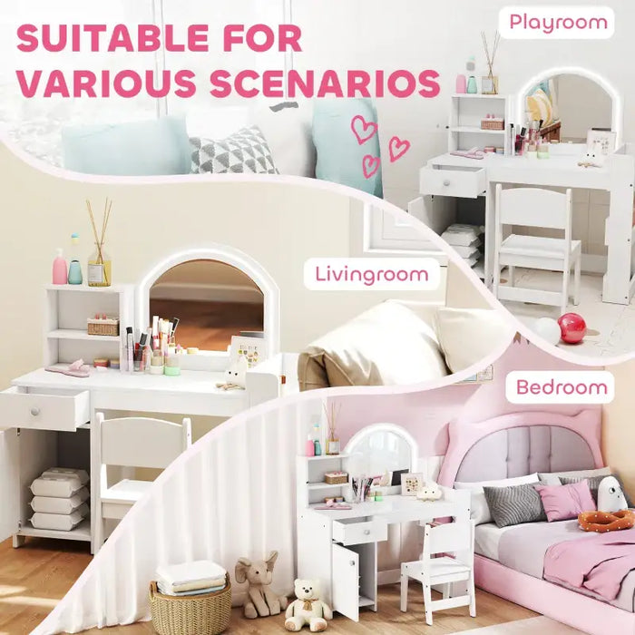 Kids Dressing Table and Chair Set – White | Dual-Colour LED Mirror and Storage AIYAPLAY - Little and Giant Explorers AIYAPLAY