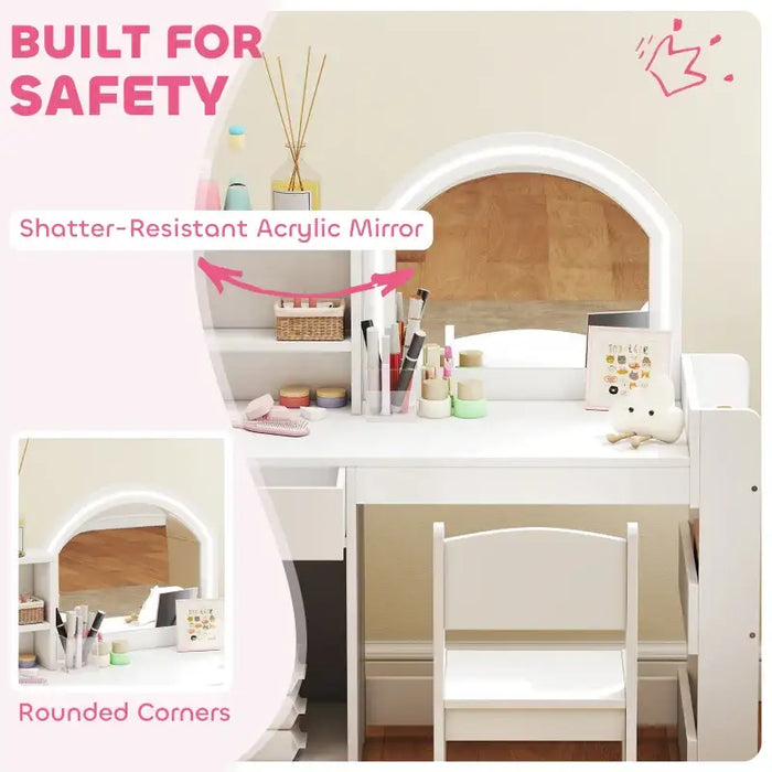 Kids Dressing Table and Chair Set – White | Dual-Colour LED Mirror and Storage AIYAPLAY - Little and Giant Explorers AIYAPLAY