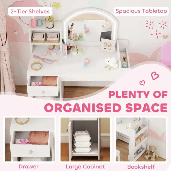Kids Dressing Table and Chair Set – White | Dual-Colour LED Mirror and Storage AIYAPLAY - Little and Giant Explorers AIYAPLAY