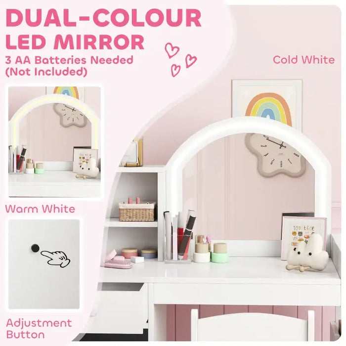 Kids Dressing Table and Chair Set – White | Dual-Colour LED Mirror and Storage AIYAPLAY - Little and Giant Explorers AIYAPLAY
