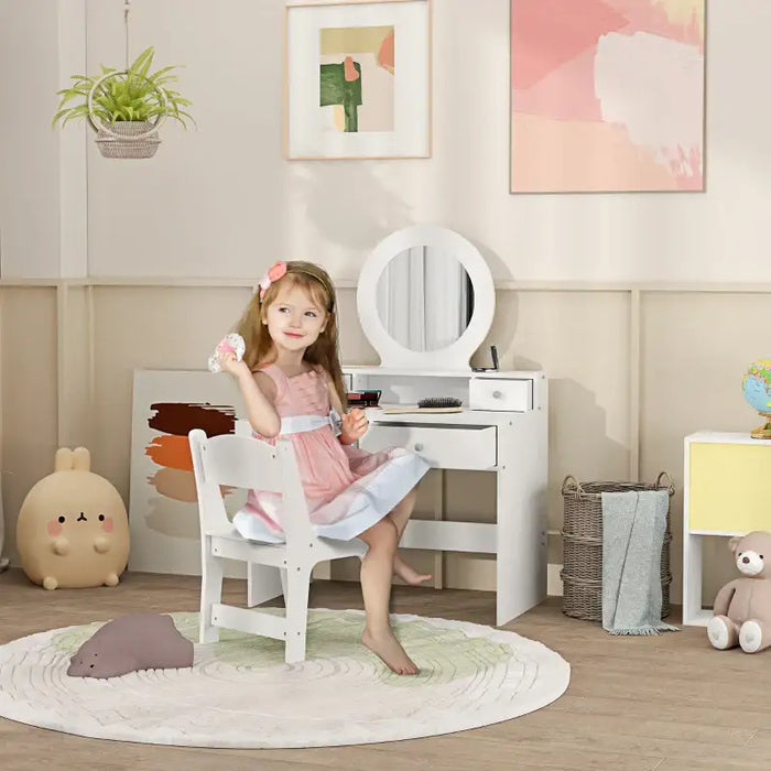 Kids Dressing Table and Stool Set - White | Oval Mirror and Four Drawers AIYAPLAY - Little and Giant Explorers AIYAPLAY