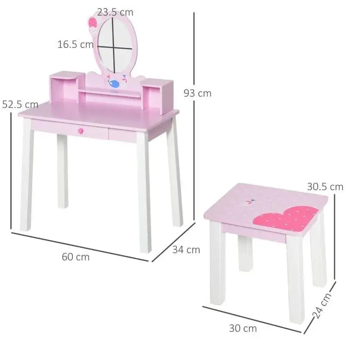 Pink kids dressing table set with removable mirror, cartoon design, and matching stool, labeled dimensions