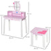 Pink kids dressing table set with removable mirror, cartoon design, and matching stool, labeled dimensions