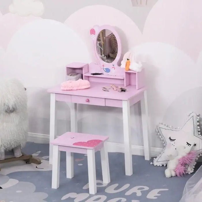 Pink kids dressing table set with removable mirror, cartoon design, pine wood, in child's room