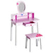 Pink kids dressing table set with removable mirror, cartoon design, and matching stool