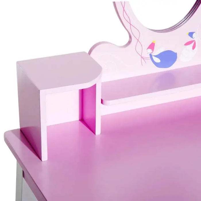 Pink kids dressing table set with cartoon design and removable mirror