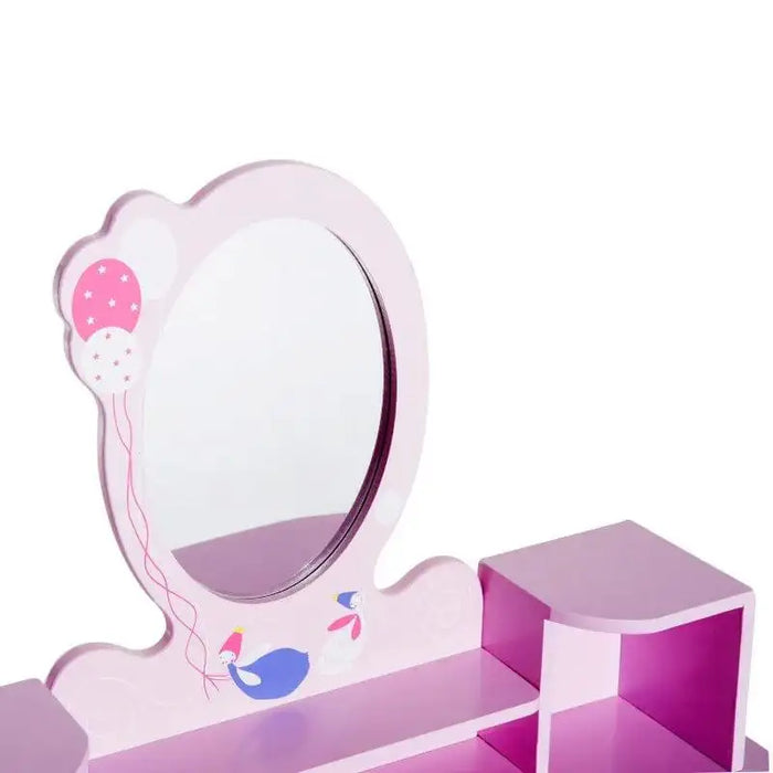 Pink kids dressing table with oval mirror, cartoon bird and balloons, pine wood shelves