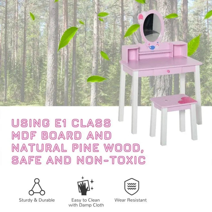 Pink kids' dressing table set with stool and removable mirror, made of MDF and pine wood.