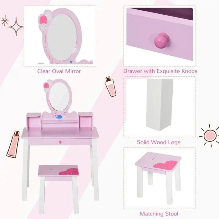 Pink kids dressing table set with oval mirror, drawer, solid wood legs, and matching stool.