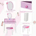 Pink kids dressing table set with oval mirror, drawer, solid wood legs, and matching stool.