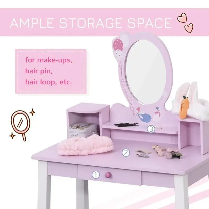 Pink kids dressing table set with removable mirror, cartoon bird design, and ample storage