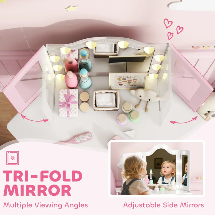 Kids Dressing Table Set – White and Pink | LED Mirror Vanity with Tri-Folding Mirrors AIYAPLAY - Little and Giant Explorers