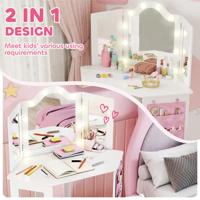 Kids Dressing Table Set – White and Pink | LED Mirror Vanity with Tri-Folding Mirrors AIYAPLAY - Little and Giant Explorers