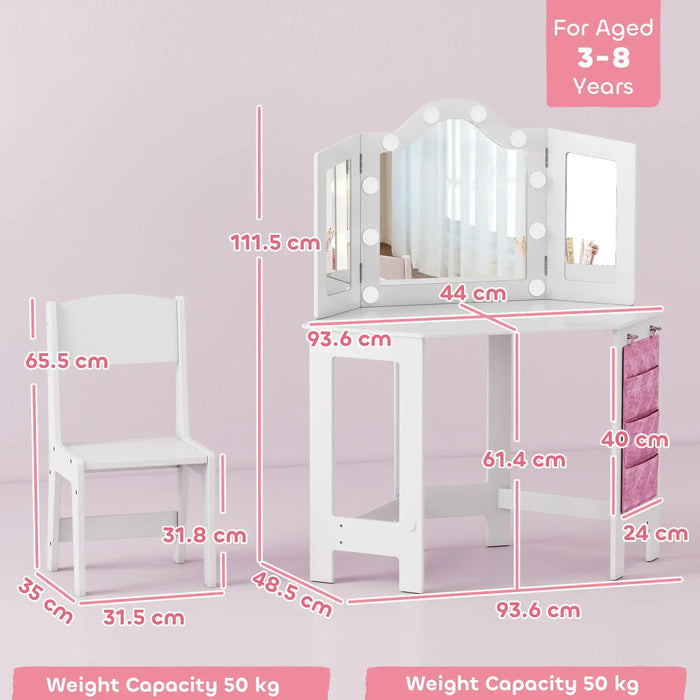 Kids Dressing Table Set – White and Pink | LED Mirror Vanity with Tri-Folding Mirrors AIYAPLAY - Little and Giant Explorers