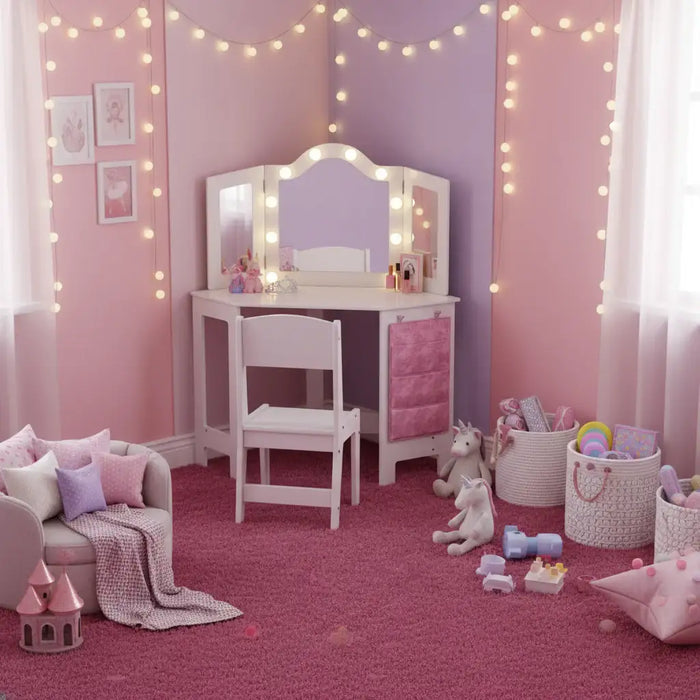 Kids Dressing Table Set – White and Pink | LED Mirror Vanity with Tri-Folding Mirrors AIYAPLAY - Little and Giant Explorers AIYAPLAY