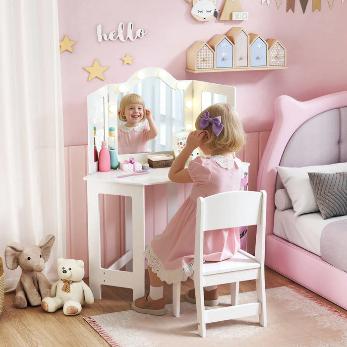 Kids Dressing Table Set – White and Pink | LED Mirror Vanity with Tri-Folding Mirrors AIYAPLAY - Little and Giant Explorers