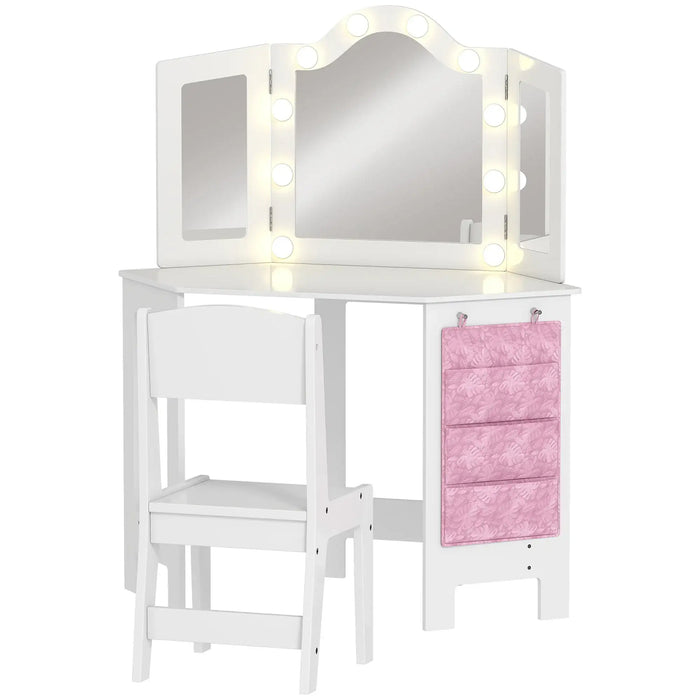 Kids Dressing Table Set – White and Pink | LED Mirror Vanity with Tri-Folding Mirrors AIYAPLAY - Little and Giant Explorers
