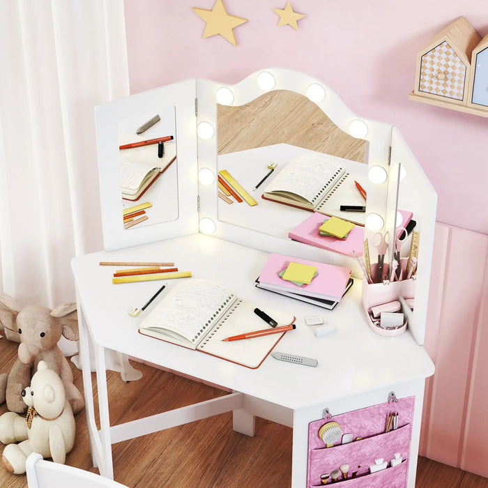 Kids Dressing Table Set – White and Pink | LED Mirror Vanity with Tri-Folding Mirrors AIYAPLAY - Little and Giant Explorers