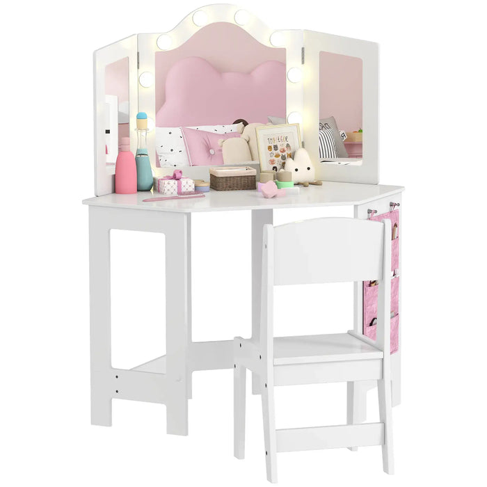 Kids Dressing Table Set – White and Pink | LED Mirror Vanity with Tri-Folding Mirrors AIYAPLAY - Little and Giant Explorers