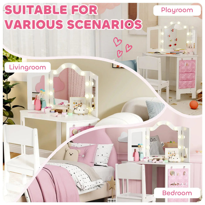 Kids Dressing Table Set – White and Pink | LED Mirror Vanity with Tri-Folding Mirrors AIYAPLAY - Little and Giant Explorers