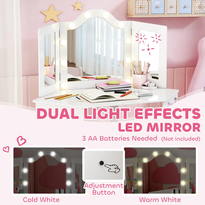 Kids Dressing Table Set – White and Pink | LED Mirror Vanity with Tri-Folding Mirrors AIYAPLAY - Little and Giant Explorers