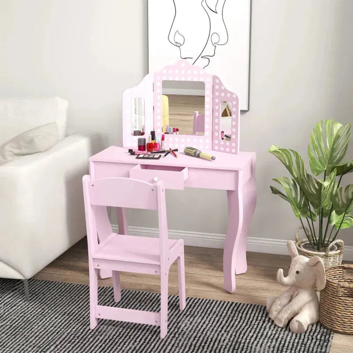 Kids Dressing Table Set with Chair and Tri-Fold Mirror - Little and Giant Explorers AIYAPLAY