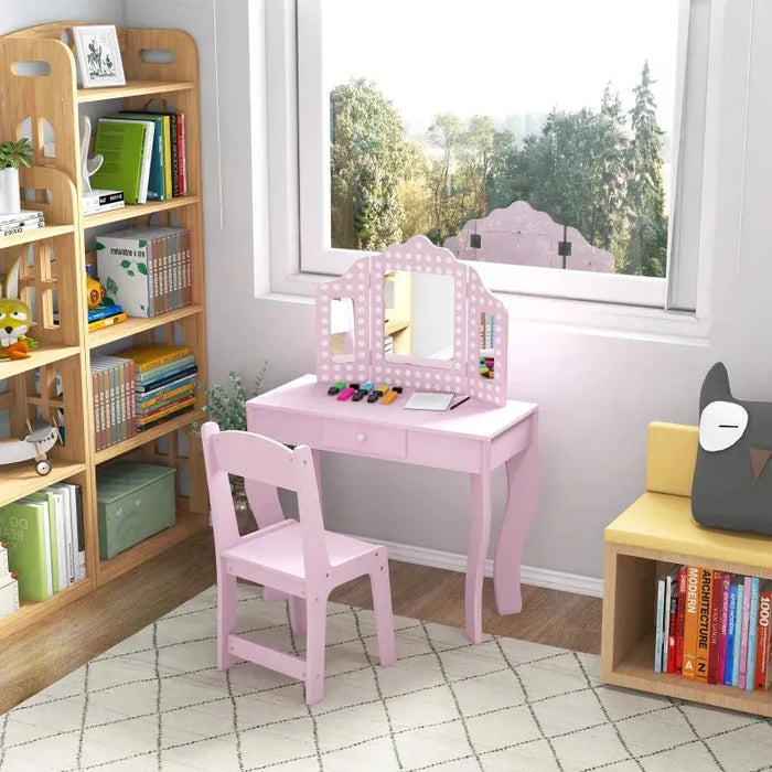 Kids Dressing Table Set with Chair and Tri-Fold Mirror - Little and Giant Explorers AIYAPLAY