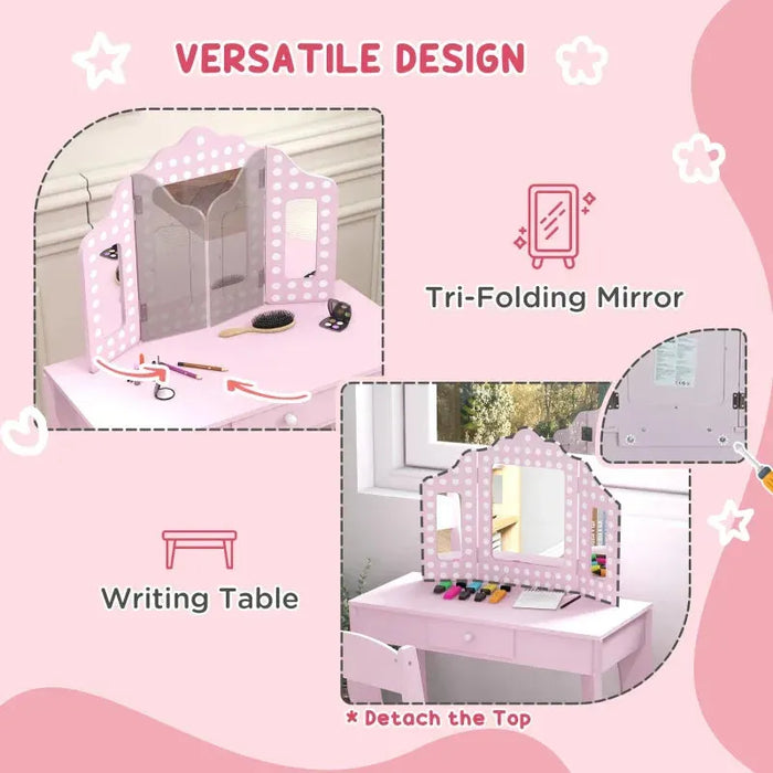 Kids Dressing Table Set with Chair and Tri-Fold Mirror - Little and Giant Explorers AIYAPLAY