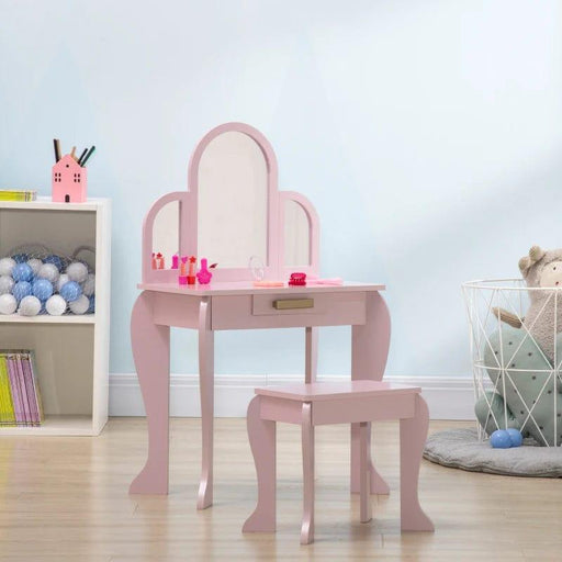 Kids Dressing Table Set with Mirror, Drawer and Matching Stool - Little and Giant Explorers HOMCOM