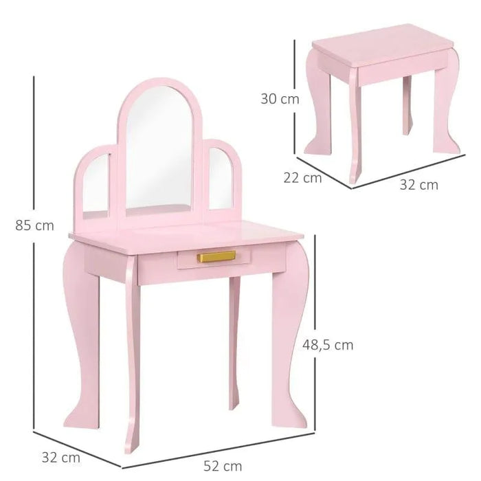 Kids Dressing Table Set with Mirror, Drawer and Matching Stool - Little and Giant Explorers HOMCOM