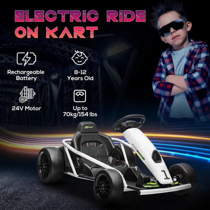 Drift Ride-On Racing Go Kart with 2 Speeds 24V in White - Little and Giant Explorers HOMCOM