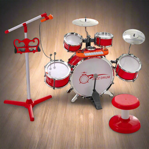 Kids Drum Kit with 8-Keys Keyboard, Microphone and 2 Drumsticks in Red - Little and Giant Explorers Costway