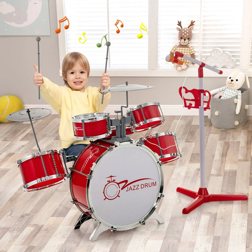 Kids Drum Kit with 8-Keys Keyboard, Microphone and 2 Drumsticks in Red - Little and Giant Explorers Costway